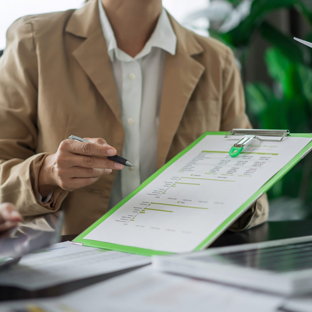 Alternative energy environment businesswoman explaining about data of solar cell panel to partner.