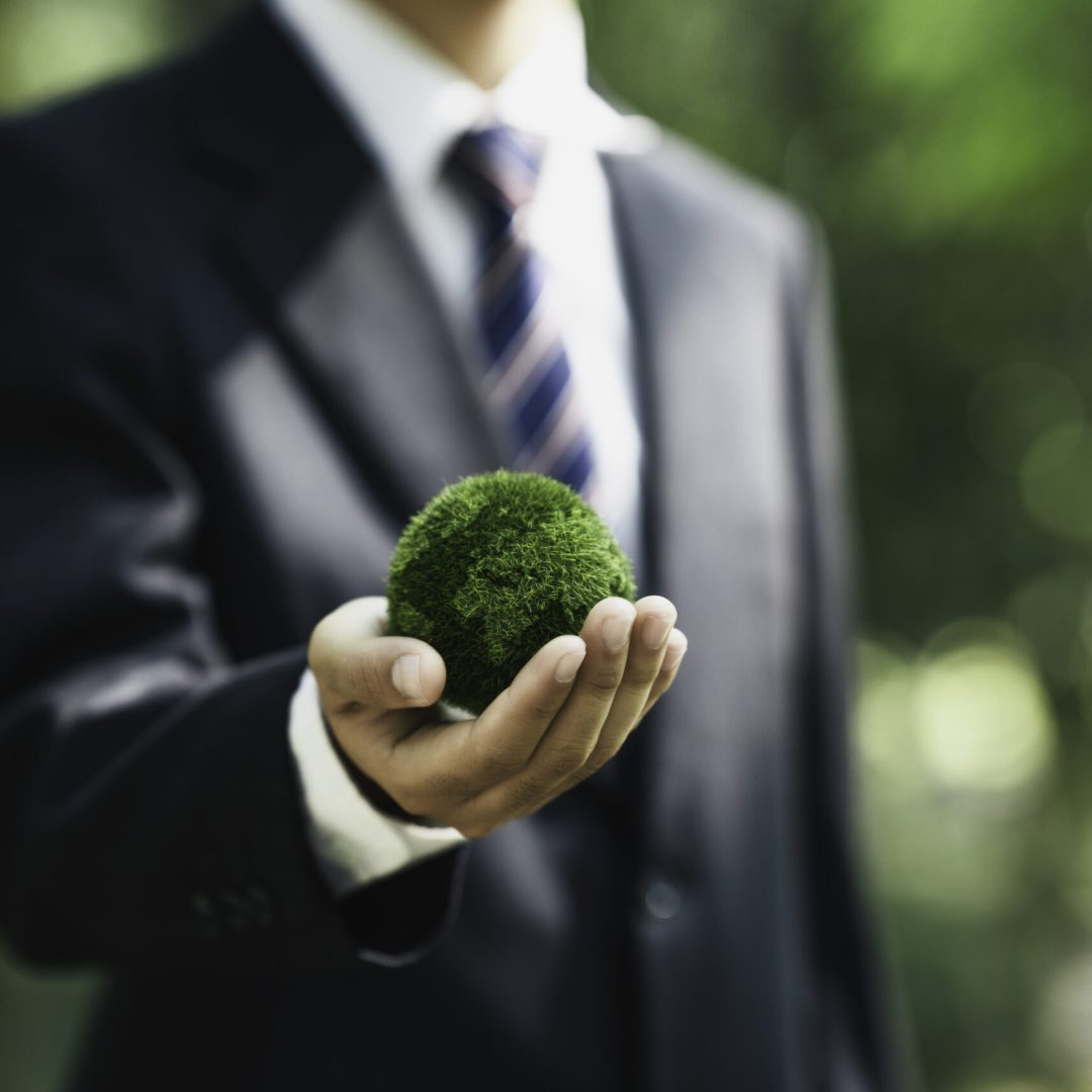 Business Hand Holding Green Globe to Organization Sustainable Development Environmental. Sustainable Business or Green Company concept. Business Responsible for Environmental, Social, and Governance.